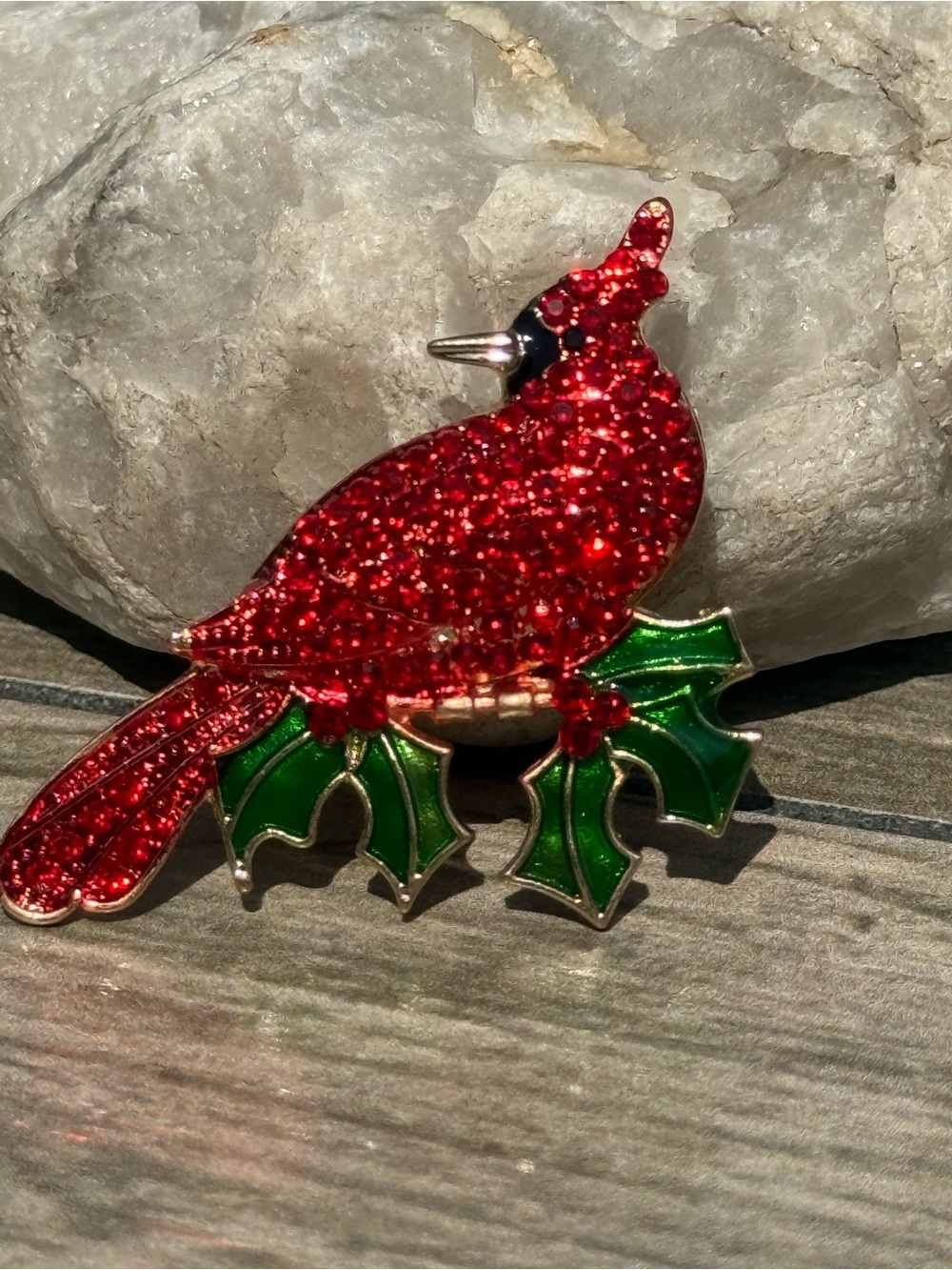 NWT Rhinestone Red Cardinal With Holly Berrys Brooch Pin
